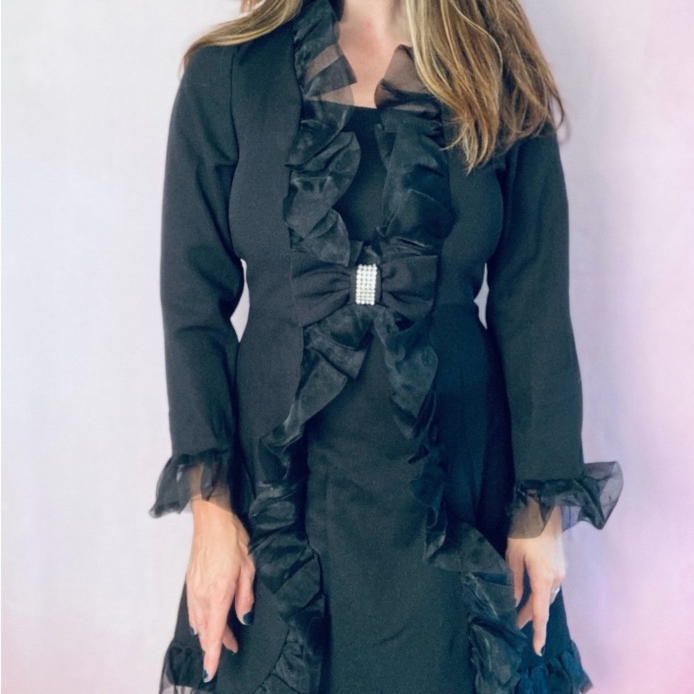 Vintage 60s-70s Mod Black Ruffle dress Cocktail Dress with bow and Rhinestones